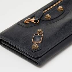 Pre Owned Balenciaga Black Leather City Flap Continental Wallet