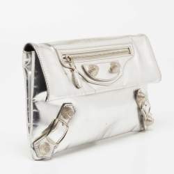 Balenciaga Silver Glossy Leather Giant 21 Envelope Flap Clutch