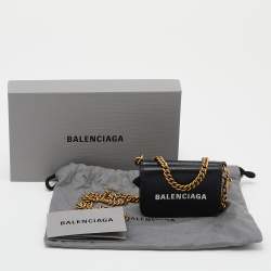 Pre Owned Balenciaga Black Leather Mini Logo Print Wallet on Chain