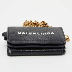 Pre Owned Balenciaga Black Leather Mini Logo Print Wallet on Chain