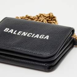 Pre Owned Balenciaga Black Leather Mini Logo Print Wallet on Chain