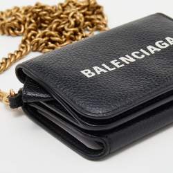 Pre Owned Balenciaga Black Leather Mini Logo Print Wallet on Chain