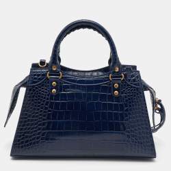 Pre Owned Balenciaga Navy Blue Croc Embossed Small Neo Classic City Satchel