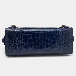 Pre Owned Balenciaga Navy Blue Croc Embossed Small Neo Classic City Satchel