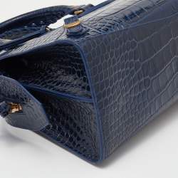 Pre Owned Balenciaga Navy Blue Croc Embossed Small Neo Classic City Satchel