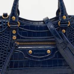 Pre Owned Balenciaga Navy Blue Croc Embossed Small Neo Classic City Satchel