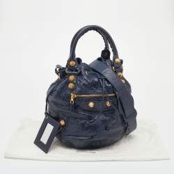 Pre Owned Balenciaga Navy Blue Leather GGH Pompon Hobo