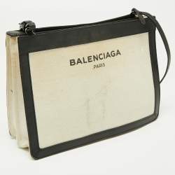 Pre Owned Balenciaga White/Black Canvas and Leather Medium Navy Pouch Crossbody Bag