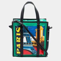 Pre Owned Balenciaga Multicolor Paris Print Leather Small Bazar Shopper Tote