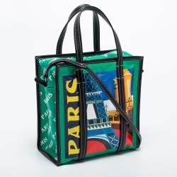 Pre Owned Balenciaga Multicolor Paris Print Leather Small Bazar Shopper Tote
