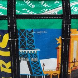 Pre Owned Balenciaga Multicolor Paris Print Leather Small Bazar Shopper Tote