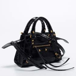 Pre Owned Balenciaga Black Croc Embossed Nano Neo Classic Tote