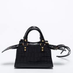 Pre Owned Balenciaga Black Croc Embossed Nano Neo Classic Tote