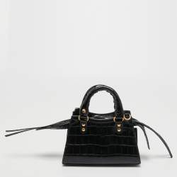 Pre Owned Balenciaga Black Croc Embossed Nano Neo Classic Tote