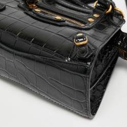 Pre Owned Balenciaga Black Croc Embossed Nano Neo Classic Tote