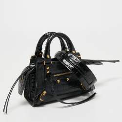 Pre Owned Balenciaga Black Croc Embossed Nano Neo Classic Tote