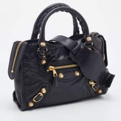 Pre Owned Balenciaga Black Leather Giant 12 Gold Hardware Mini City Tote