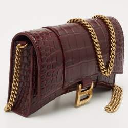 Balenciaga Burgundy Croc Embossed Leather Hourglass Wallet on Chain