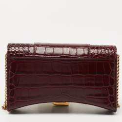 Balenciaga Burgundy Croc Embossed Leather Hourglass Wallet on Chain