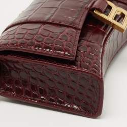 Balenciaga Burgundy Croc Embossed Leather Hourglass Wallet on Chain