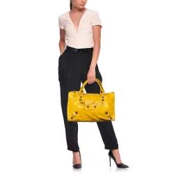 Pre Owned Balenciaga Yellow Leather Giant 21 Gold Hardware Work Tote