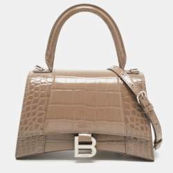 Balenciaga Beige Croc Embossed Leather Small Hourglass Box Top Handle Bag