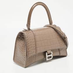 Balenciaga Beige Croc Embossed Leather Small Hourglass Box Top Handle Bag