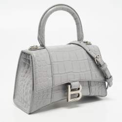 Pre Owned Balenciaga Grey Croc Embossed Leather XS Hourglass Top Handle Bag