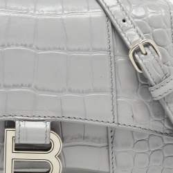 Pre Owned Balenciaga Grey Croc Embossed Leather XS Hourglass Top Handle Bag
