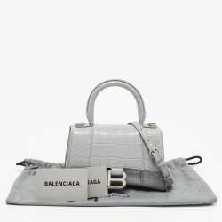 Pre Owned Balenciaga Grey Croc Embossed Leather XS Hourglass Top Handle Bag