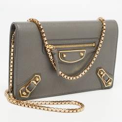 Balenciaga Grey Leather Metallic Edge City Wallet on Chain