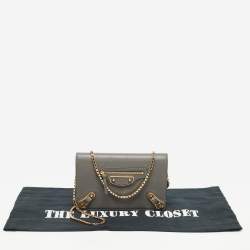 Balenciaga Grey Leather Metallic Edge City Wallet on Chain