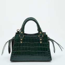 Pre Owned Balenciaga Green Croc Embossed Leather Mini Neo Classic Bag