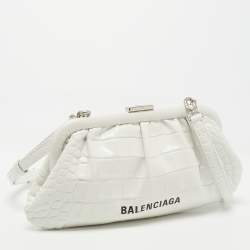 Pre Owned Balenciaga White Crocodile Embossed Leather XS Cloud Clutch Bag