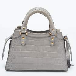 Pre Owned Balenciaga Grey Croc Embossed Leather Mini Neo Classic Bag