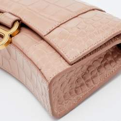 Pre Owned Balenciaga Pink Croc Embossed Leather Hourglass Wallet on Chain