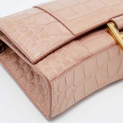 Pre Owned Balenciaga Pink Croc Embossed Leather Hourglass Wallet on Chain