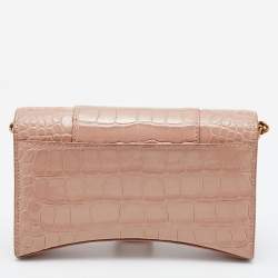 Pre Owned Balenciaga Pink Croc Embossed Leather Hourglass Wallet on Chain
