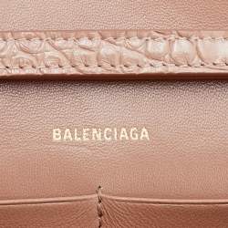 Pre Owned Balenciaga Pink Croc Embossed Leather Hourglass Wallet on Chain