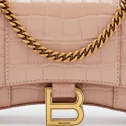 Pre Owned Balenciaga Pink Croc Embossed Leather Hourglass Wallet on Chain