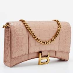 Pre Owned Balenciaga Pink Croc Embossed Leather Hourglass Wallet on Chain