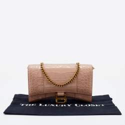 Pre Owned Balenciaga Pink Croc Embossed Leather Hourglass Wallet on Chain