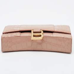 Pre Owned Balenciaga Pink Croc Embossed Leather Hourglass Wallet on Chain