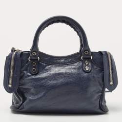Pre Owned Balenciaga Navy Blue Leather Mini Classic Metallic Edge City Bag