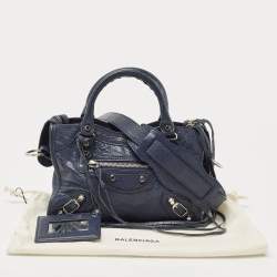 Pre Owned Balenciaga Navy Blue Leather Mini Classic Metallic Edge City Bag
