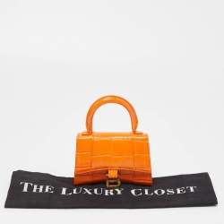 Pre Owned Balenciaga Orange Croc Embossed Leather Mini Chain Hourglass Bag