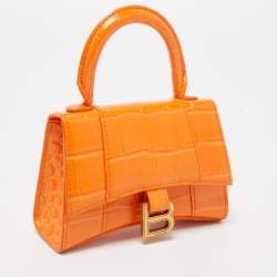 Pre Owned Balenciaga Orange Croc Embossed Leather Mini Chain Hourglass Bag