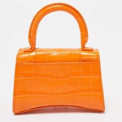 Pre Owned Balenciaga Orange Croc Embossed Leather Mini Chain Hourglass Bag