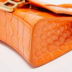 Pre Owned Balenciaga Orange Croc Embossed Leather Mini Chain Hourglass Bag