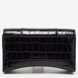 Pre Owned Balenciaga Black Croc Embossed Leather Hourglass Wallet on Chain